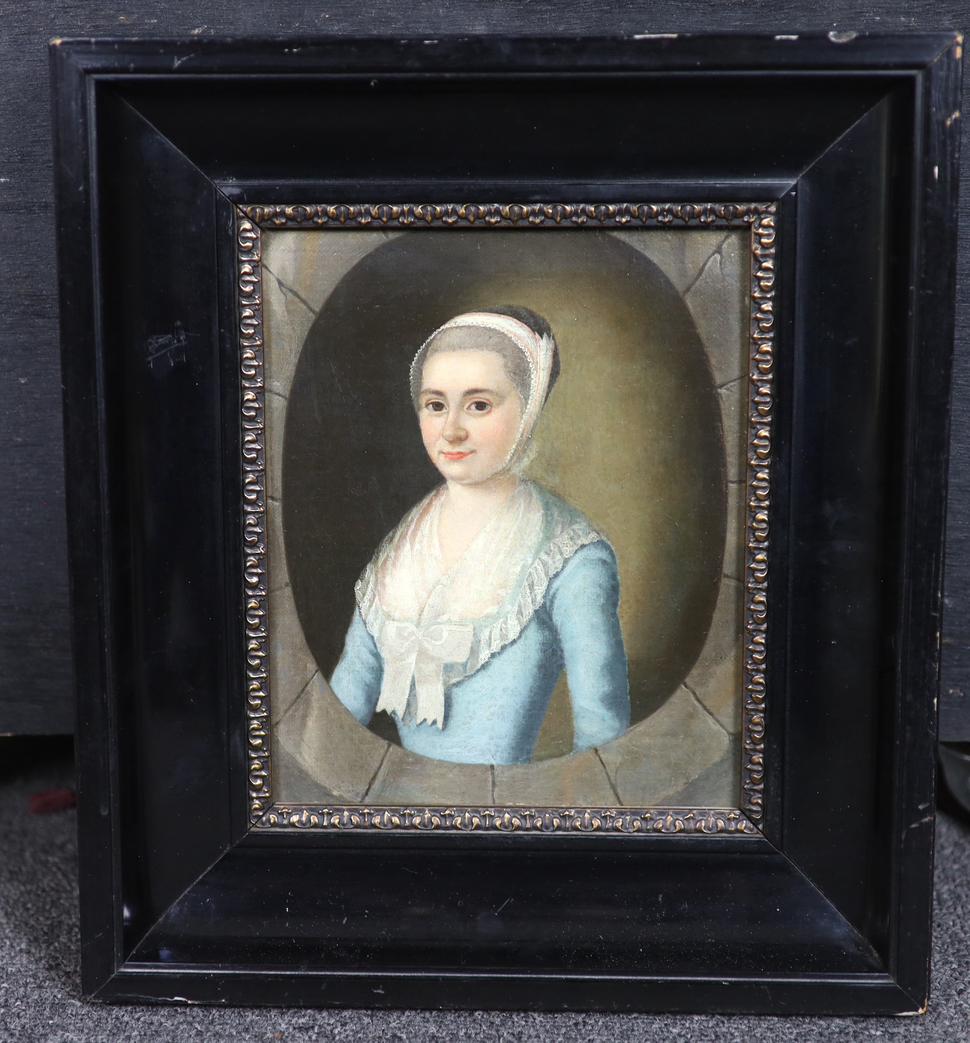 Flemish School c.1700, oil on canvas, Portrait of a lady wearing a blue dress, 22 x 18cm
